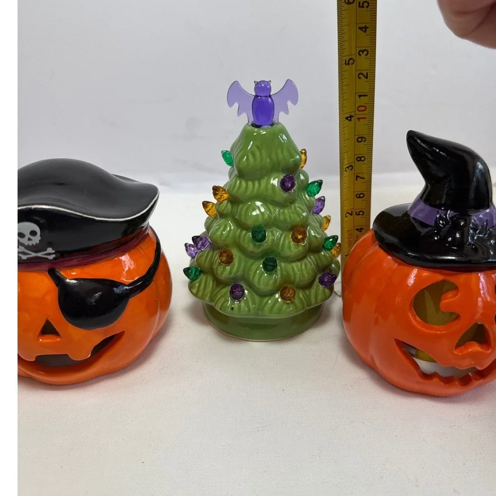 Mr. Christmas Ceramic Halloween Figurine Set 3pc Orange Green Excellent Lighted